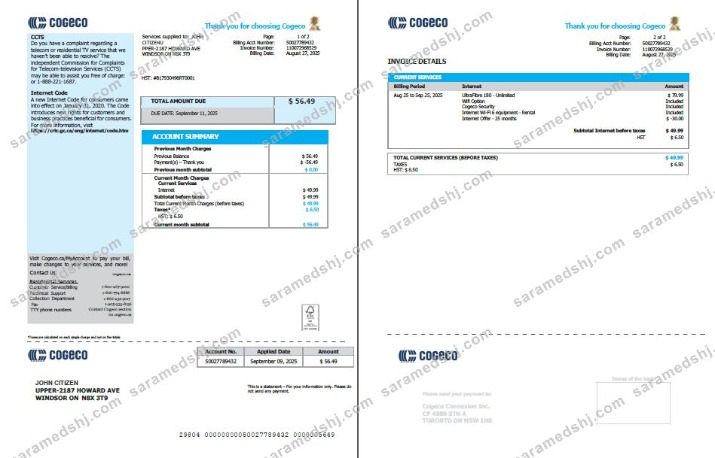 Canada Cogeco utility bill template in Word and PDF formats, 2 pages